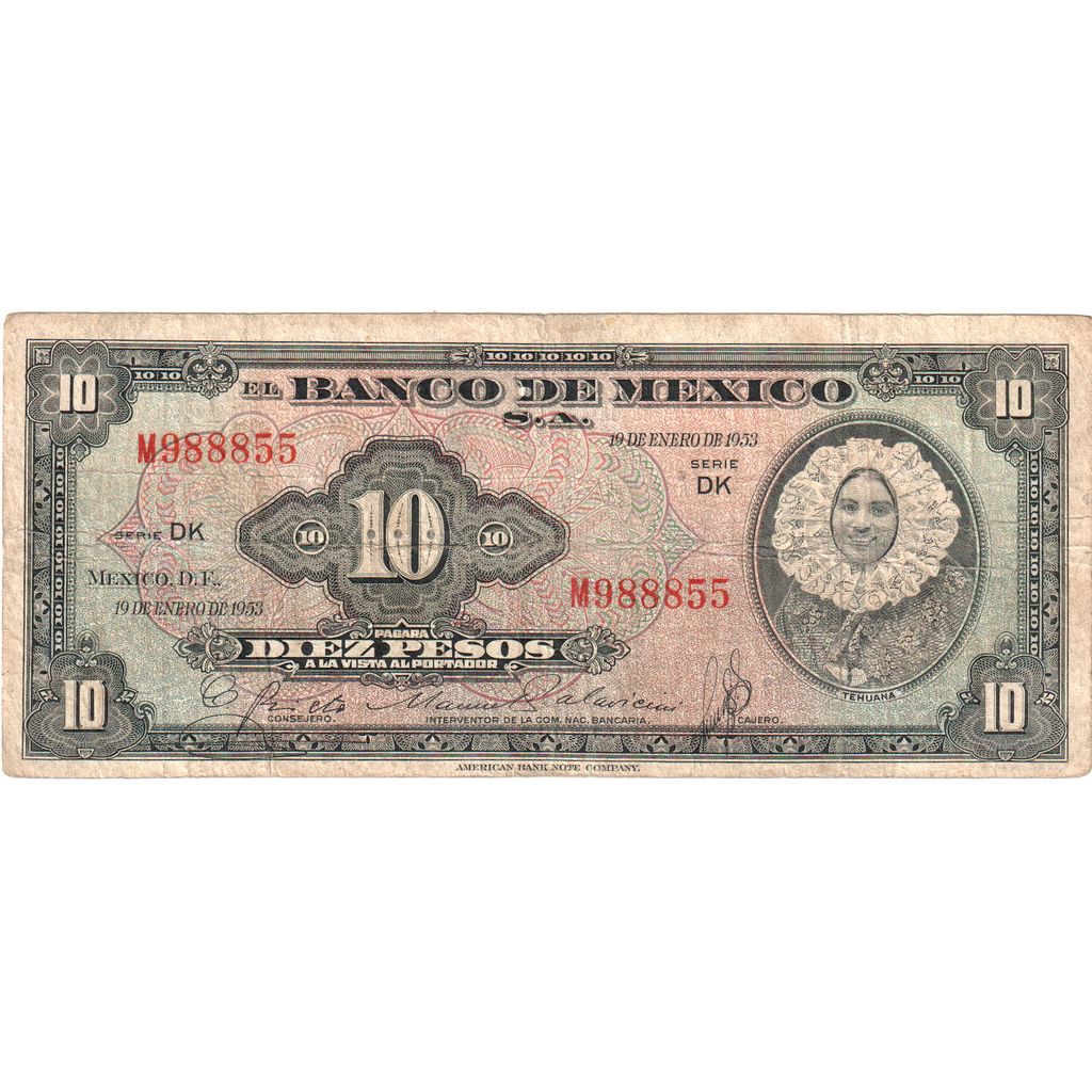 Meksyk, 
  
  10 peso, 
  
  1953