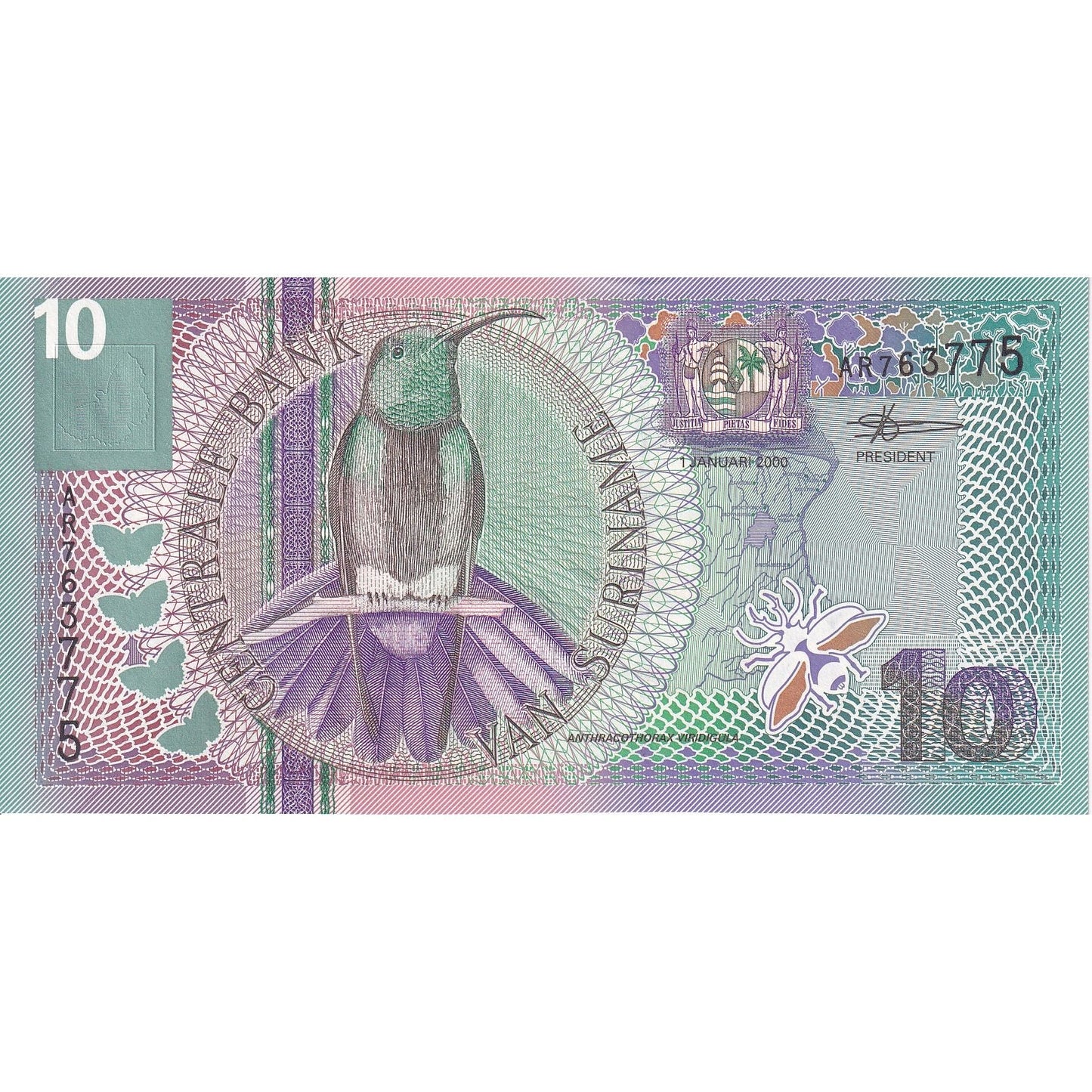 Surinam, 
  
  10 Guldenów, 
  
  2000