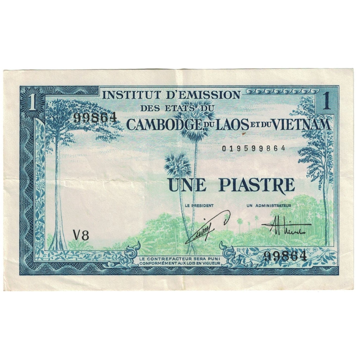 Banknot, 
  
  INDOCHINA FRANCUSKA, 
  
  1 Piastre = 1 Kip