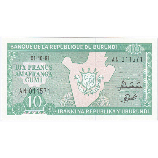 Burundi, 
  
  10 franków, 
  
  1989-10-01