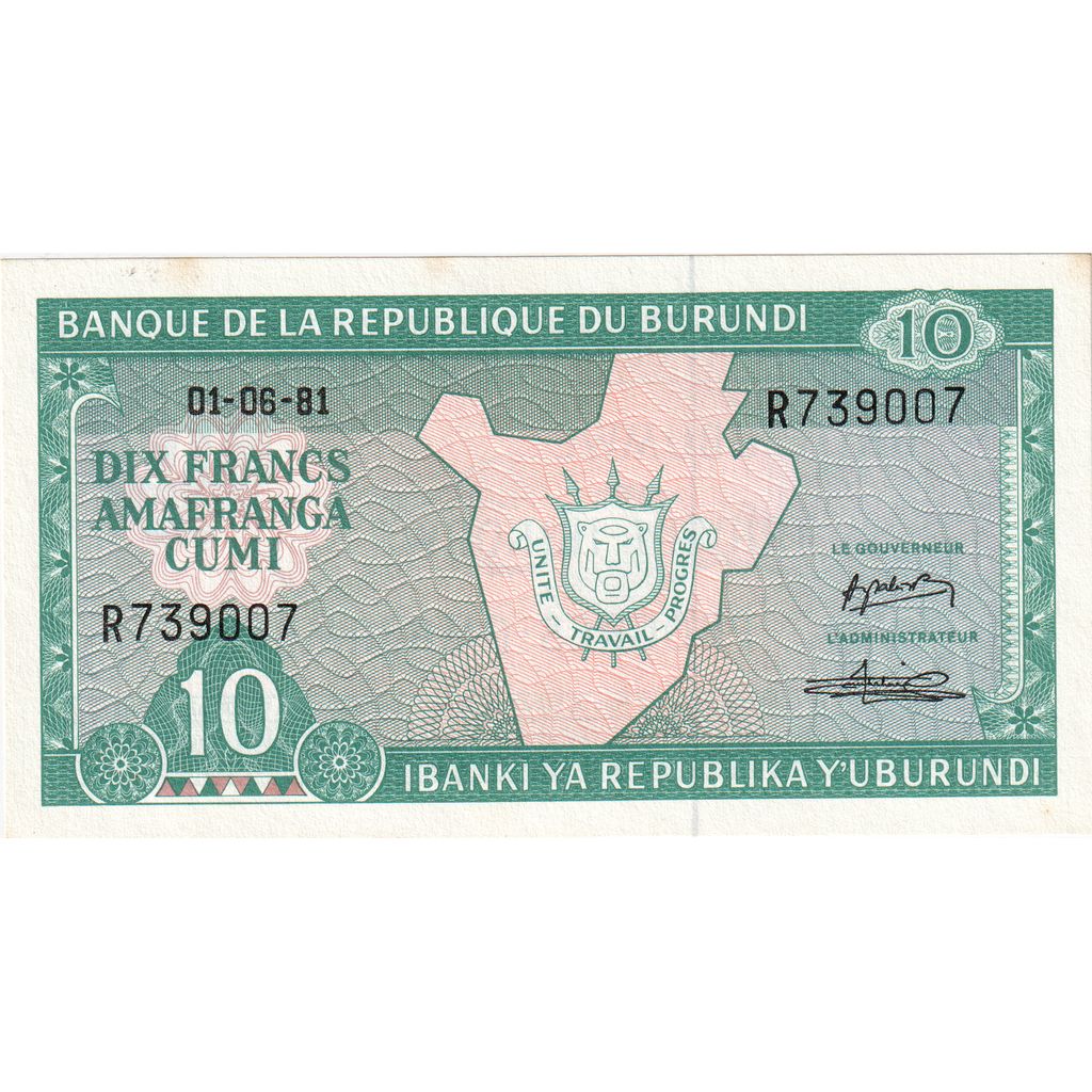 Burundi, 
  
  10 franków, 
  
  1981-06-01