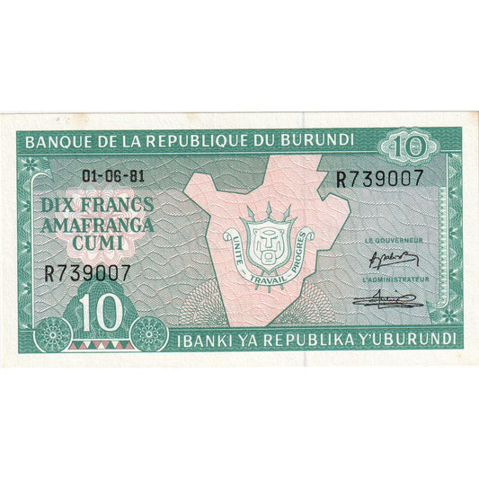 Burundi, 
  
  10 franków, 
  
  1981-06-01