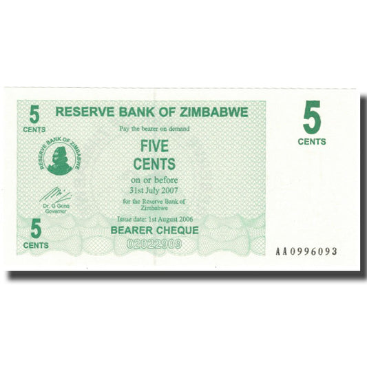 Banknot, 
  
  Zimbabwe, 
  
  5 centów