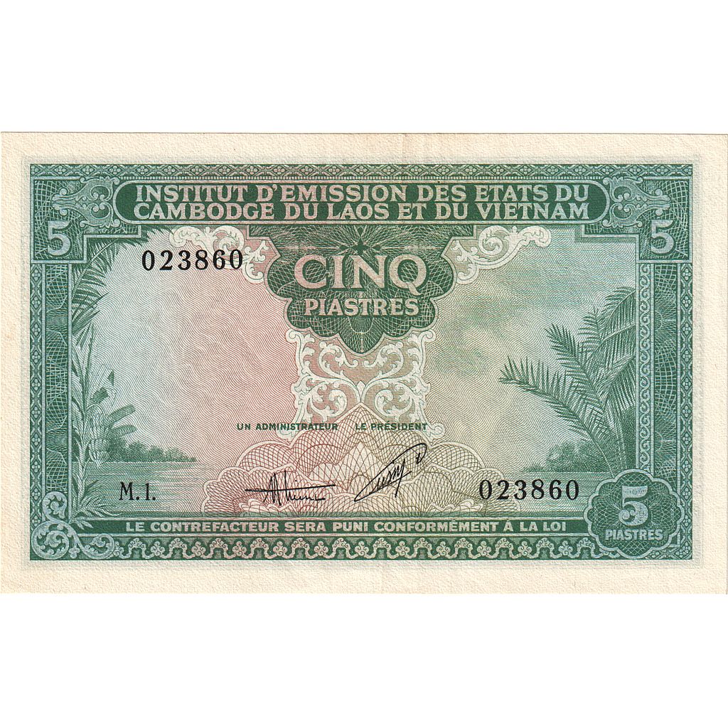 Banknot, 
  
  INDOCHINA FRANCUSKA, 
  
  5 Piastrów = 5 Dongów