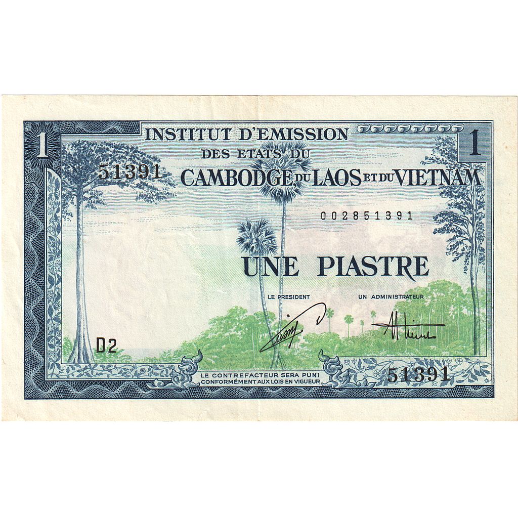 Banknot, 
  
  INDOCHINA FRANCUSKA, 
  
  1 Piastr = 1 Dong